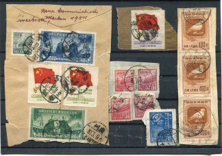 VR China, 1949-1950, Briefstücke mit Mi. 1 I, 3x 57 I, 77 I, 2x 80 I, 85+86 I, gest.